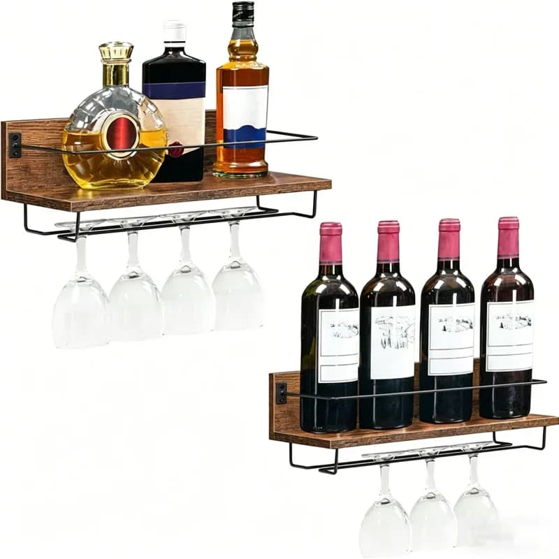 Rustic Wood Floating Shelves with Towel Bar Wall Mount Wine Rack Home Dining Room Bar Counter Storage Display Home Organization