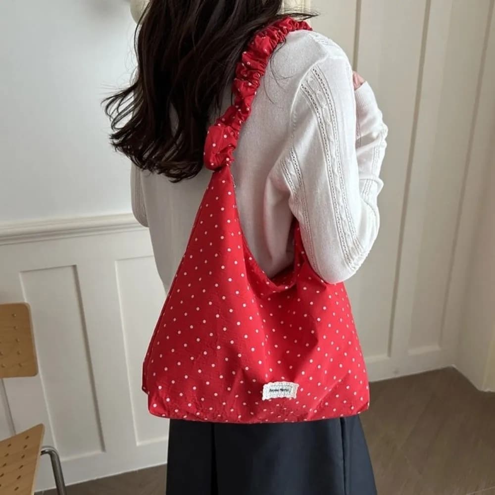 Sweet Ruched Handle Polka Dot Shoulder Bag Korean Style Large Capacity Tote Bag Lightweight Canvas Women Handbag Daily Use