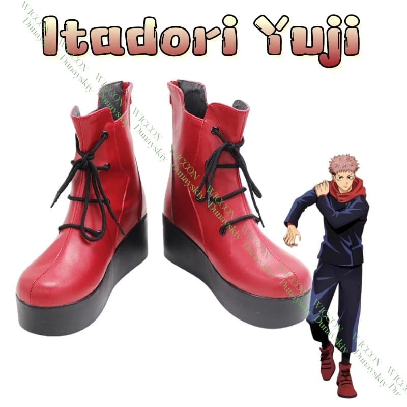Yuji Itadori Jujutsu Cosplay Shoes Red PU Leather Custom Made Halloween Carnival Boots