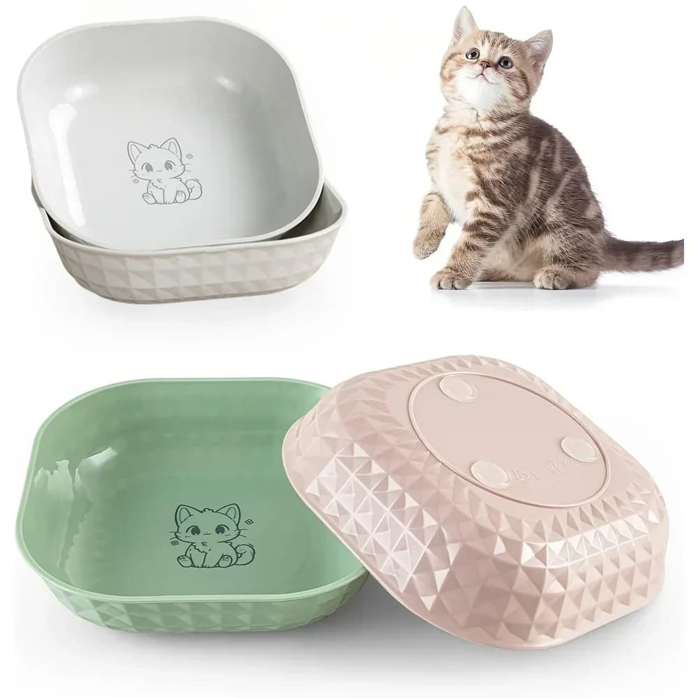 3-Piece Leak-free Cat Bowl - Anti-fatigue and healthy, light and wide kitten plate, suitable for indoor cats, pet food safety | Engraved kitten design | Durable for pets