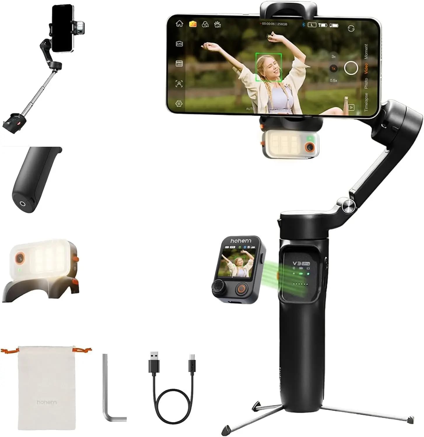 Stabilizzatore Ultra Gimbal per iPhone con Tracciamento AI, Asta Estensibile e Treppiede, Telecomando (Nero)