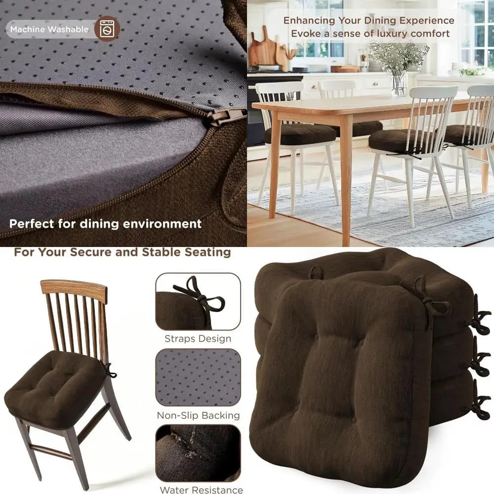 Set di 4 Cuscini per Sedie da Pranzo in Memory Foam Spesso e Lavabile, Antiscivolo, 16.5x16.5x3.5, Marrone