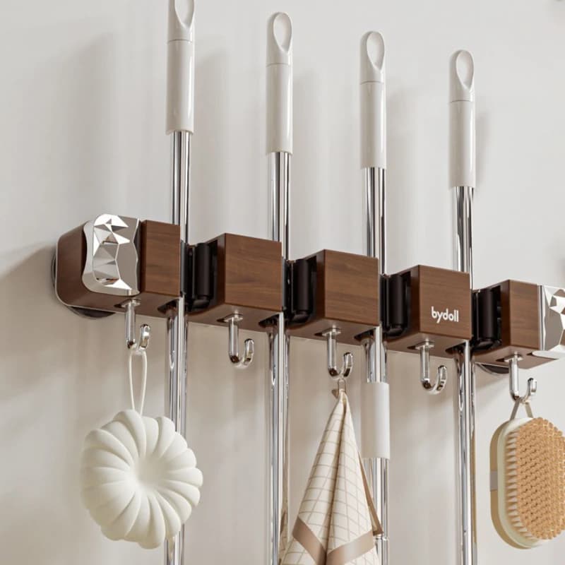 Portaoggetti con gancio per clip per mop con ventosa per venature del legno, portaoggetti per mop montato a parete senza foratura, portaoggetti in plastica per bagno
