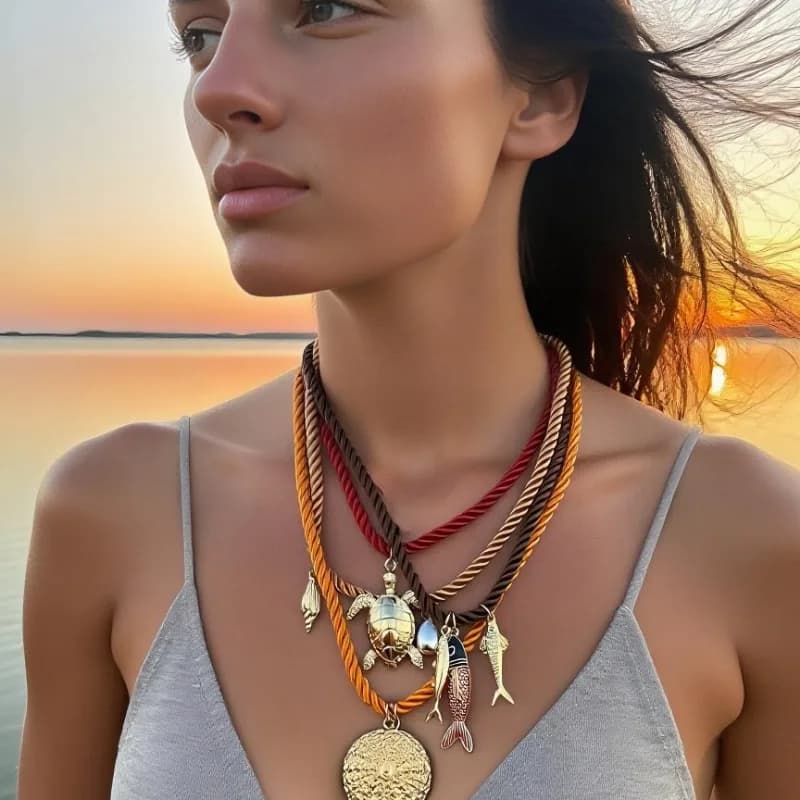 Necklace with Marine Animal Pendant in Alloy and Colored Waist Braided, ZA Summer Trend