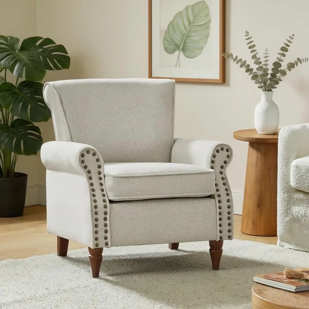 Poltrona Imbottita con Schienale Alto, Gambe in Legno, Cuscino Rimovibile, Decorazioni con Borchie, per Soggiorno, Camera da Letto, Personalizzabile