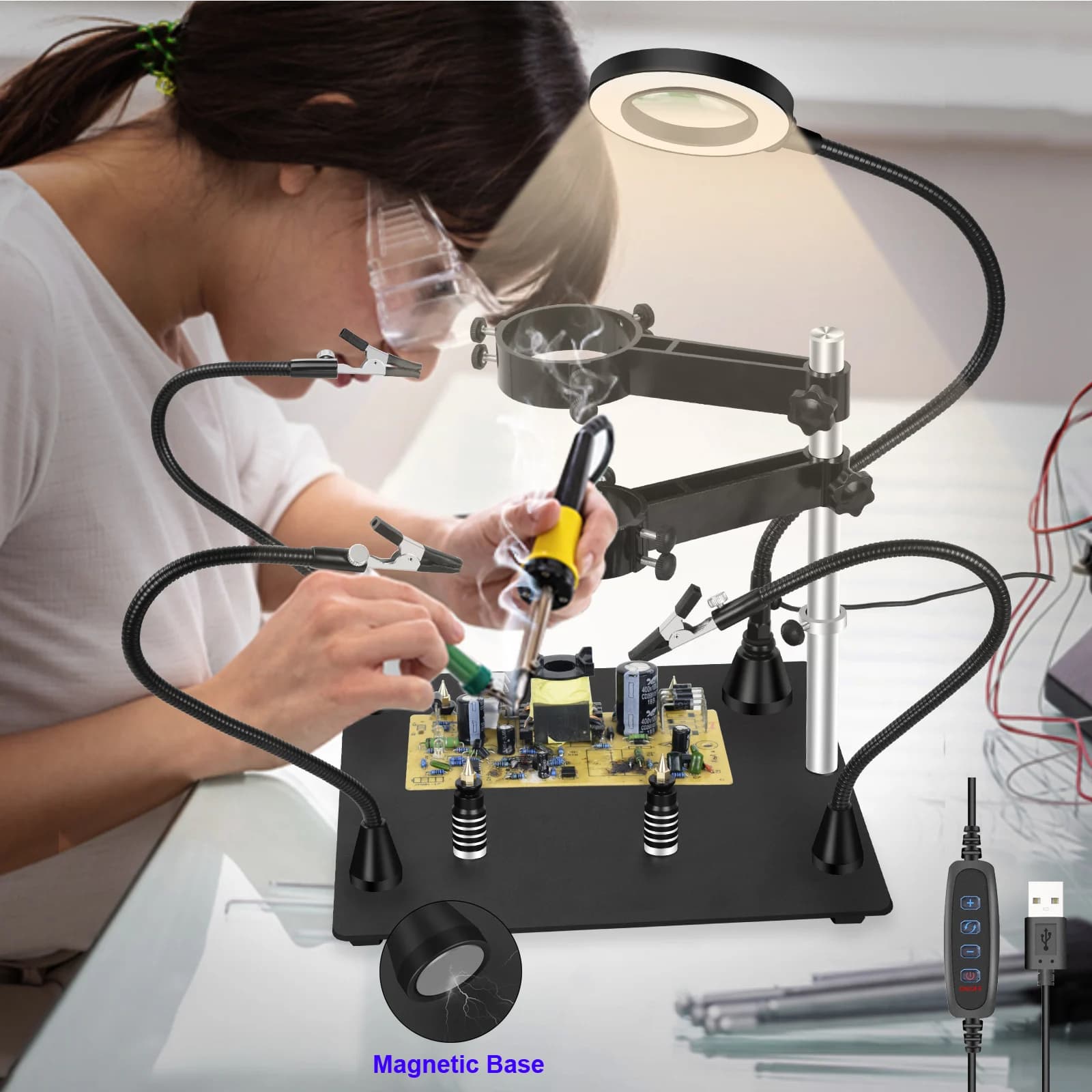 Toolour Magnetic Helping Hands Soldering Third Hand PCB Circuit Board Holder with 3X LED Magnifying Lamp Hot Air Gun Holder