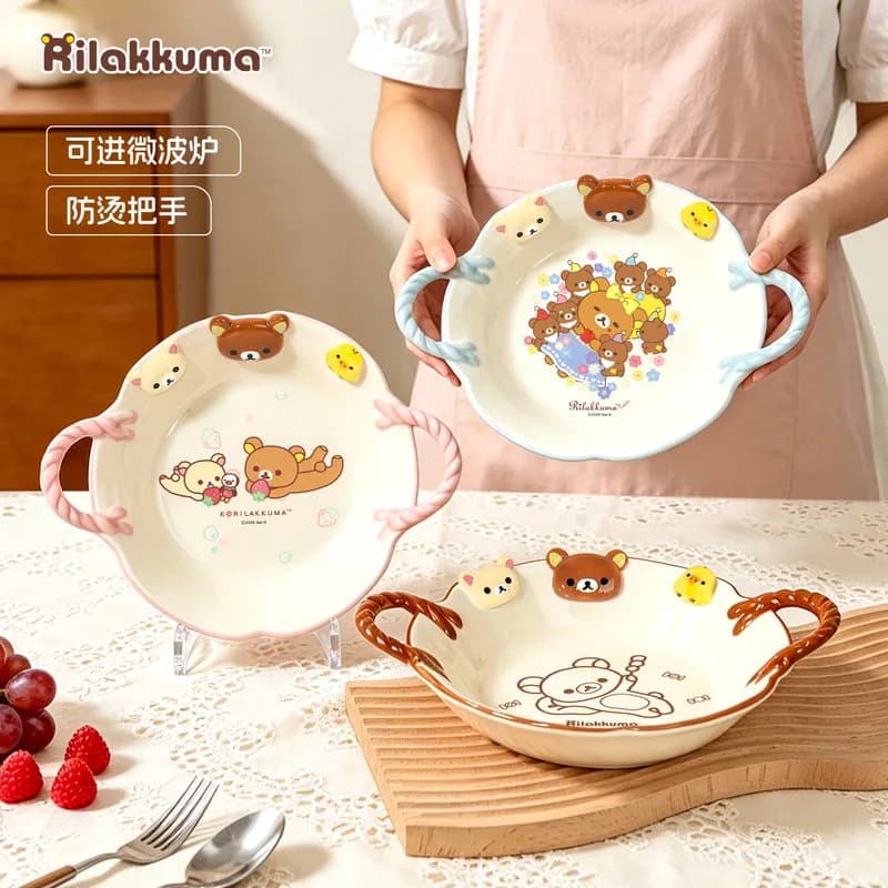 Rilakkuma Co branded Colorful Ceramic Food Plate Bowl With Handle Cute Fruit Tray High Appearance Tableware Serving Dish