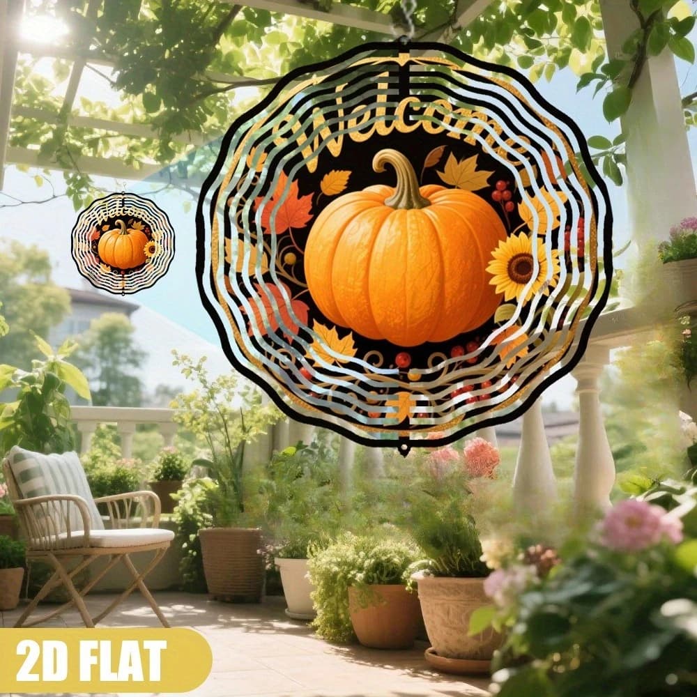 2DFlat PumpkinSurrounded by Autumn Leaves and Sunflowers.with Swivel Hook,360°DIYSpinnerMetal Gift Wind Chime Decoration