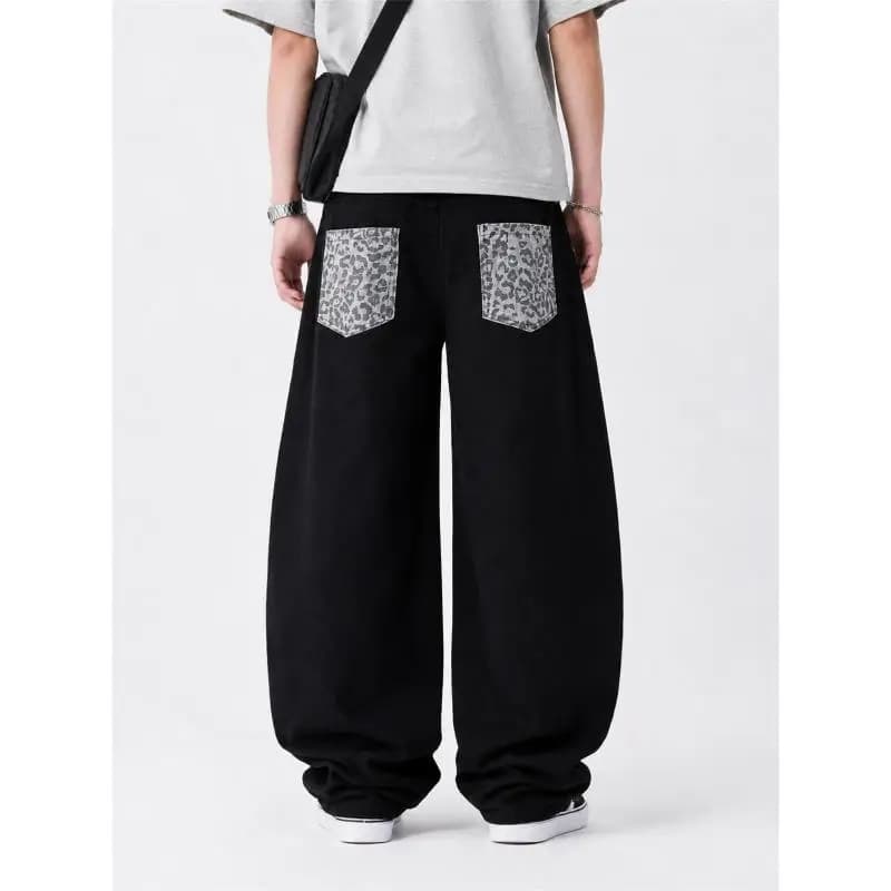 Men's Leopard Print Pocket Black Thin Jeans Street Casual Pants Wide Legs Sweatpants Boys Bottom Male High Waist Unisex Trousers