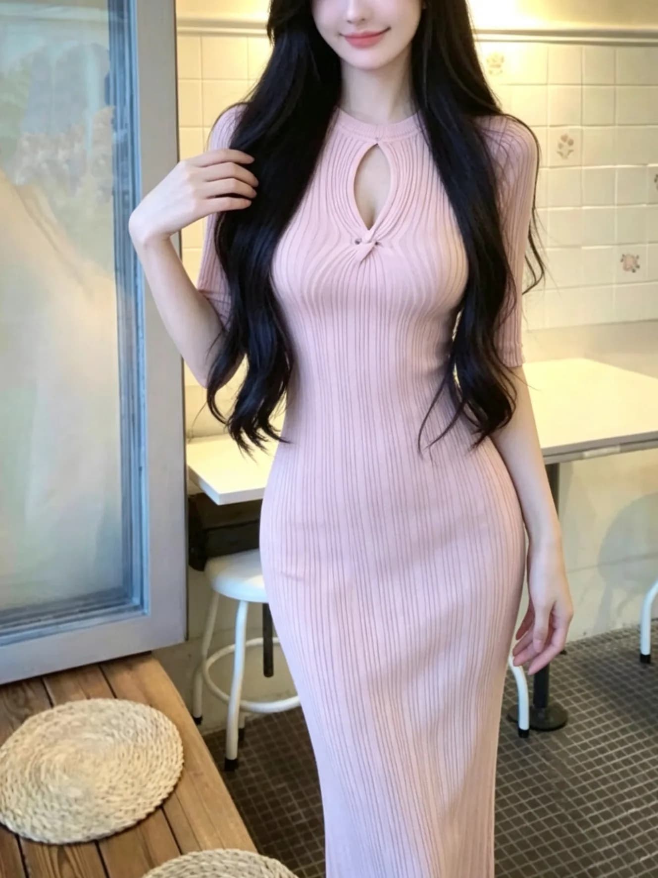 Slim Fit Knitted Dress Women's Sexy Base Layer Slimming Long Skirt Breathable Soft Fabric round Neck Short Sleeve Casual Wear