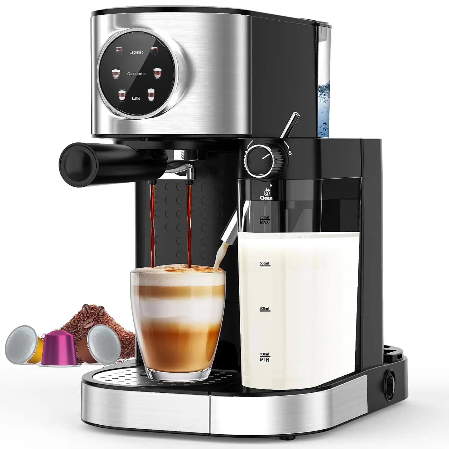 20 Bar Espresso Machine, Compact Stainless Steel Coffee Maker with Touch Screen, Professional Automatic Milk Frother for Cappucc
