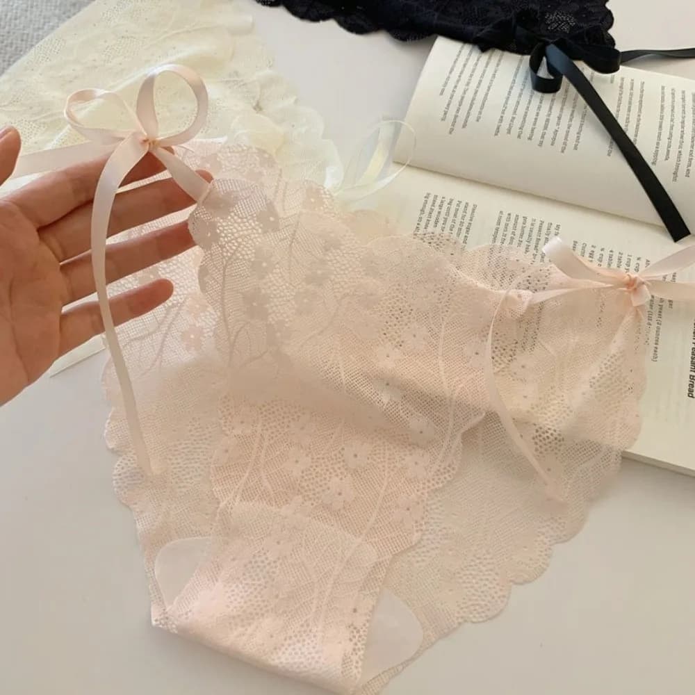 Sweet Seamless Lace Flower Panties Low Waist Transparent Underwear for Women Thin Lace-up Briefs Comfortable