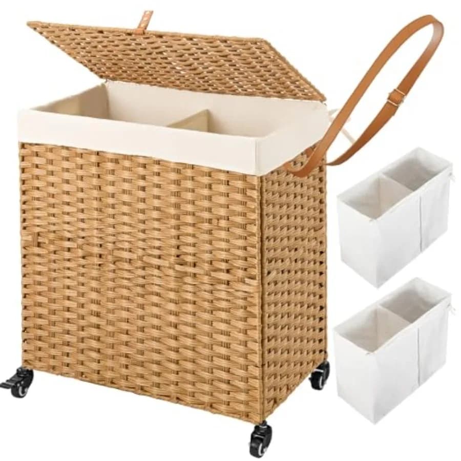 Cesto Portabiancheria con Ruote, Nessuna Installazione Necessaria, 110L, Cesti Intrecciati a Mano con Scomparti, 2 Sacchi Interni Rimovibili, in Rattan Sintetico
