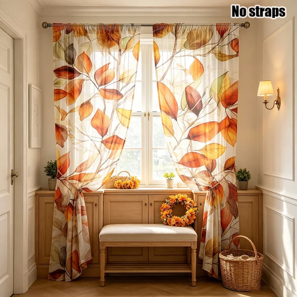 2PCS Autumn Red Leaves Sheer Curtains
