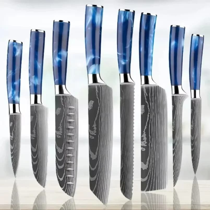 Coltello Santoku giapponese in acciaio laser con motivo damasco, manico in resina, per mannaia, carne, frutta, peeling, coltello da cucina, uso domestico