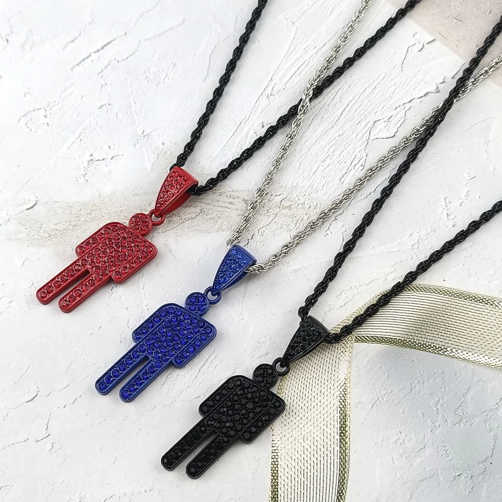 Fashionable Stainless Steel Skew Head Pendant Necklace, Hip Hop Inlaid Rhinestone Human Shape Necklace, Charm Chain Jewelry Gift