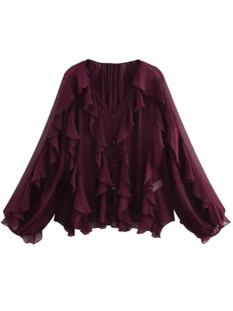 2025 Women's Vintage V-neck Translucent Layered V-neck Shirts Long Sleeve Long Sleeve Long Sleeved Shirts Summer chic