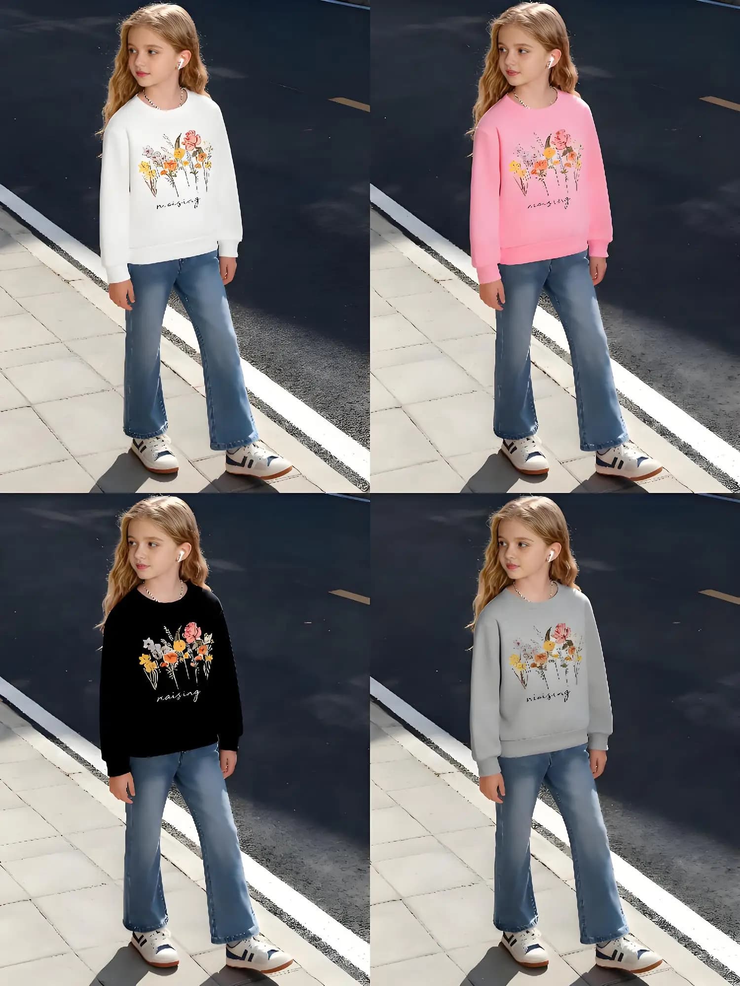 Felpa girocollo da ragazza: stampa floreale arcobaleno e "Scegli la gentilezza", top casual a maniche lunghe con 4 colori disponibili