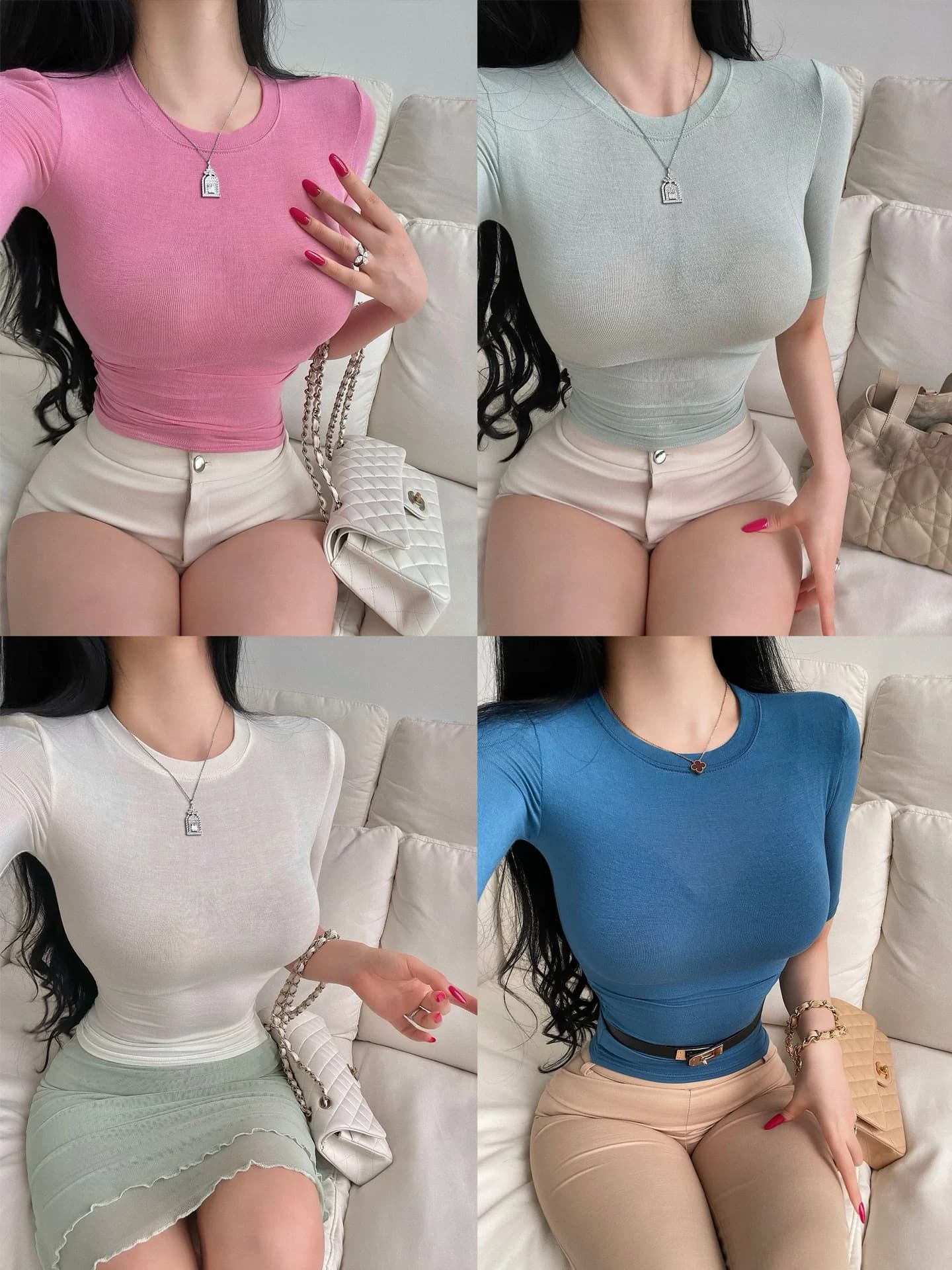 Slim Fit Women's T-shirt YoungGirlDay Korean Pure Desire Basic Style Thin Waist Shaping Thin Medium Sleeve Transparent Top
