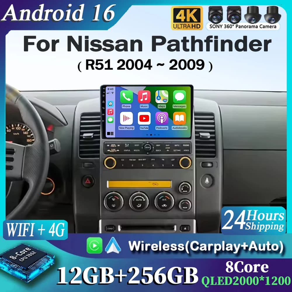 Autoradio Android 16 per Nissan Pathfinder R51 2004-2009, 2K QLED CarPlay, Lettore Multimediale Video, GPS Stereo, Unità Principale 4G