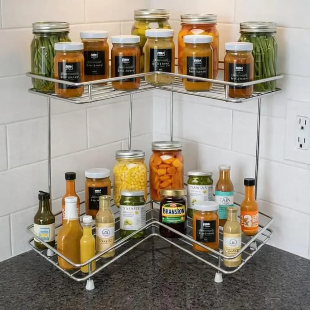 Organizzatore da banco a 2 livelli a forma di L | Contenitore da Cucina in Acciaio Inossidabile per Spezie, Barattoli e Condimenti | Rack Salvaspazio