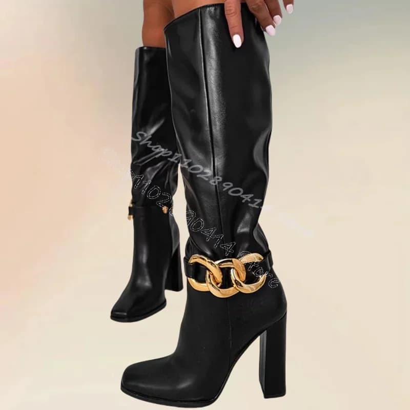 Decorazione catena d'oro Stivali punta quadrata neri Slip On Scarpe da donna Tacchi alti robusti Sexy Party Banchetto Ufficio 2024 Zapatos Para Mujere