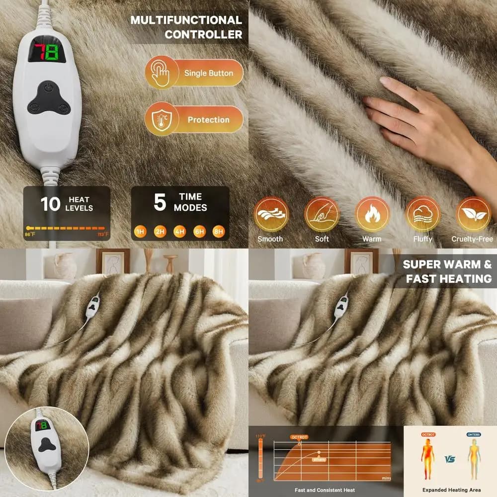 Coperta elettrica doppia in pelliccia sintetica 60x80 con 10 impostazioni di calore e spegnimento automatico di 8 ore, peluche accogliente per l'inverno, marrone