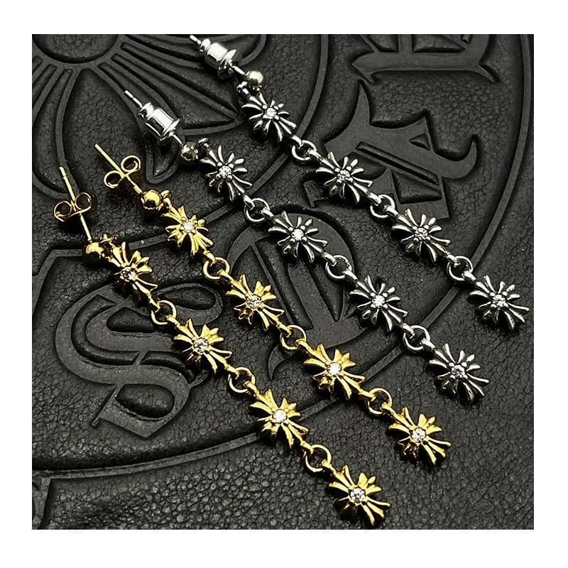 Orecchini Trendy a Croce con Fiori, Orecchini Esagerati a Croce con Quattro Fiori e Nappe di Diamanti, Orecchini a Perno di Nicchia di Alta Gamma