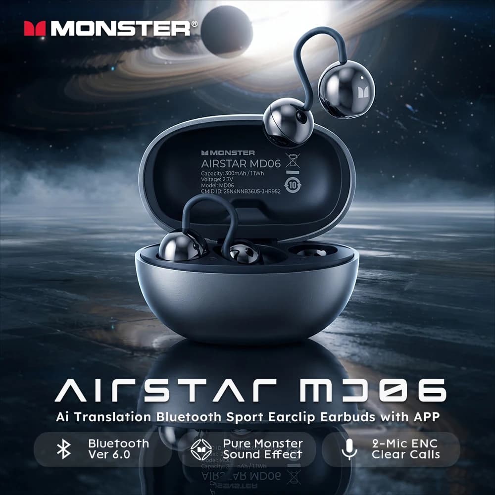 Monster Airstar MD06 Earclip Sport Earbuds Ai Translating Bluetooth 6.0 Headphone ENC Call Noise Reduction TWS Earphone with APP