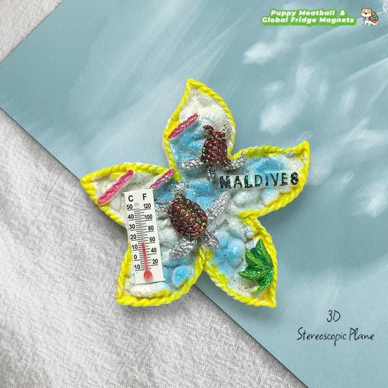 Maldive Culturali e creative Crape dai bordi gialli Myrtle Fiore Tartaruga marina Termometro Magnete da frigorifero Ricordo da viaggio 3D Squisito