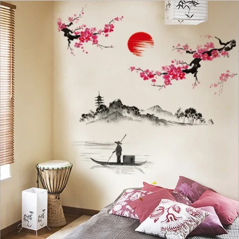 Stile cinese Sakura giapponese rosa fiore di ciliegio albero decorazione murale decalcomanie adesivo da parete poster carta da parati decorazione.