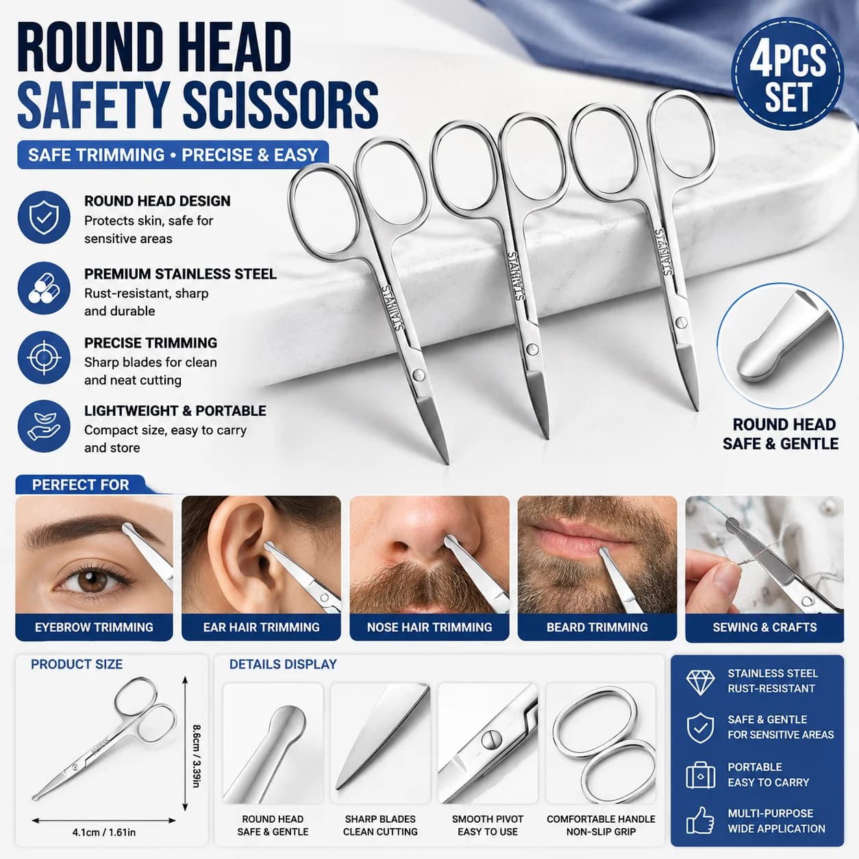 Rounded Tip Nose Hair Scissors Stainless Steel Facial Hair Beard Mustache Eyebrow Trimming Tool