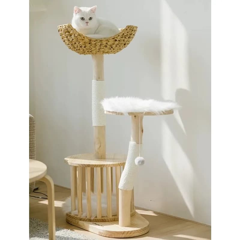 Albero per gatti a forma di albero in legno massello, tutto in uno con letto in rattan intrecciato e baule naturale | Mobili salvaspazio per animali da arrampicata per gatti