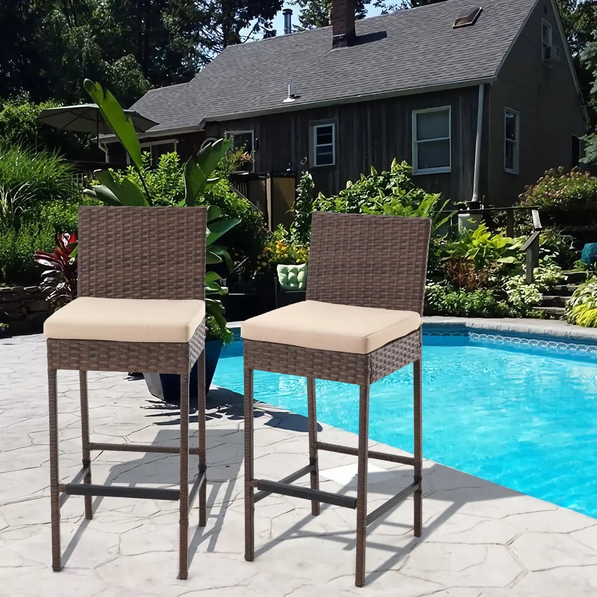 EROMMY Outdoor bar stool in 30 inch wicker with cushion (set of 2)