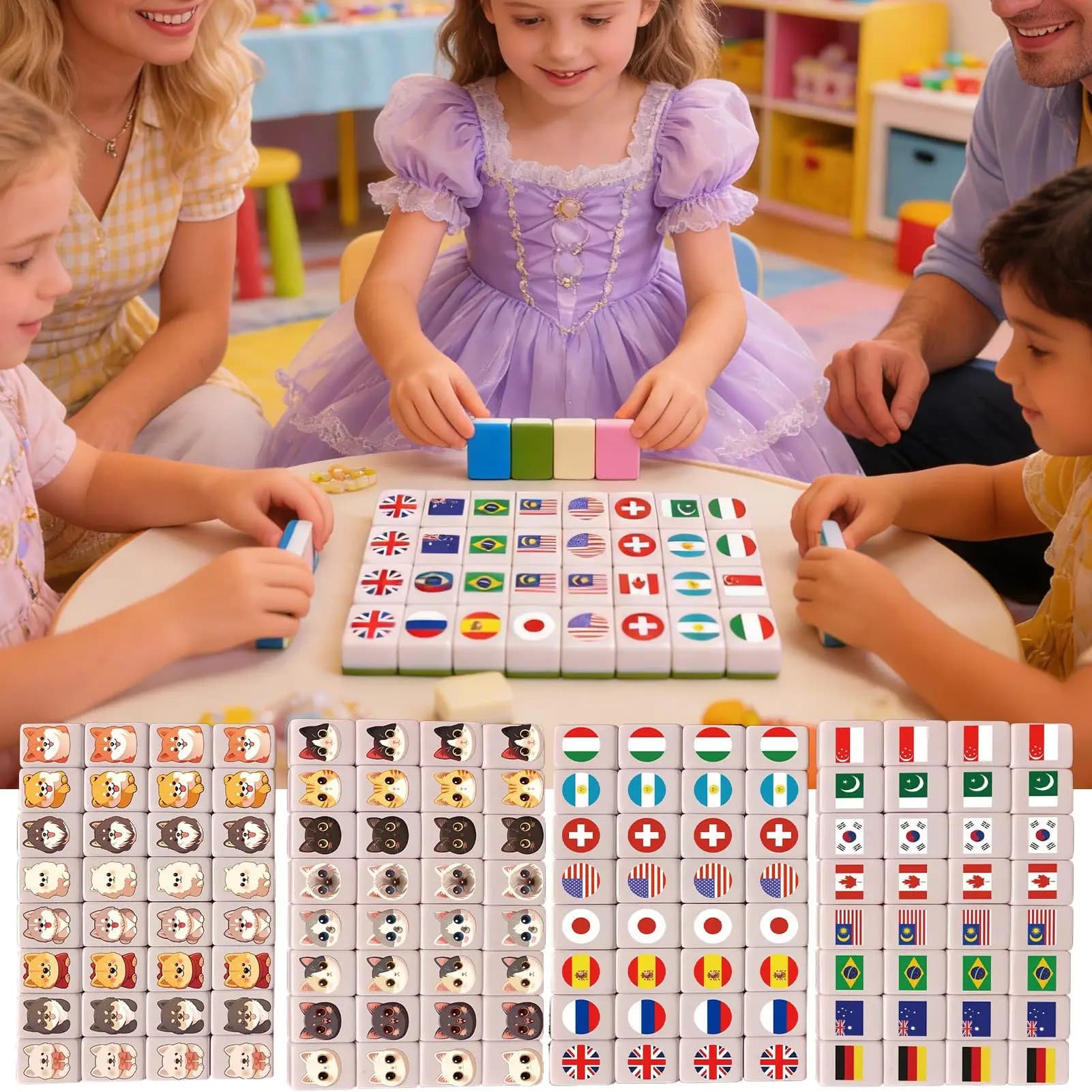 Set di Mahjong da 65 Pezzi con Motivo a Bandiera, Gioco di Tessere Mahjong per Feste in Famiglia, Puzzle a Blocchi per Vacanze al Mare, Divertenti Giochi da Tavolo