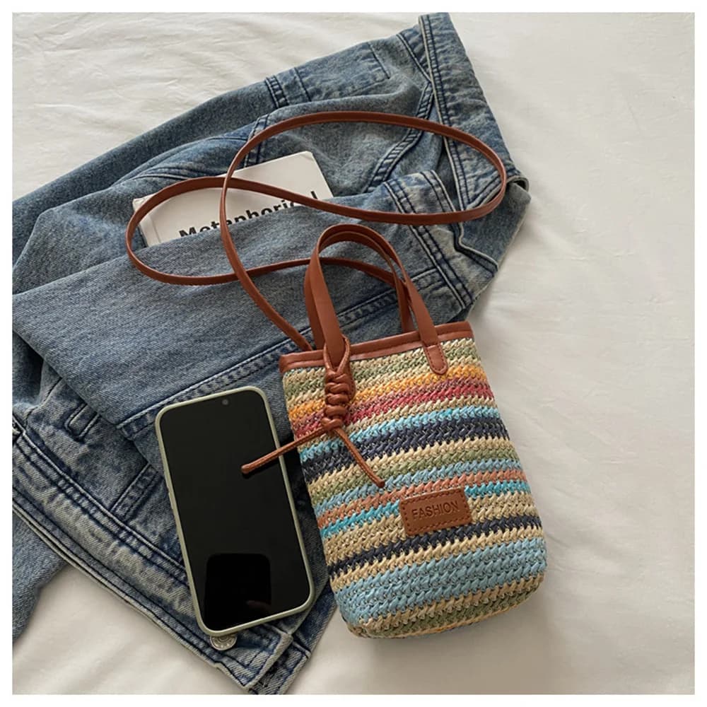 Small Bag Women's Summer New Popular Versatile Contrasting Color Straw Messenger Bag Casual Fashion Shoulder Bucket Bag