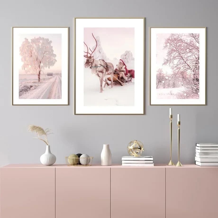 Quadro Moderno Nordico con Albero Innevato e Fiori Rosa, Stampa Artistica da Parete, Poster con Pittura a Diamante per Soggiorno e Decorazione Casa