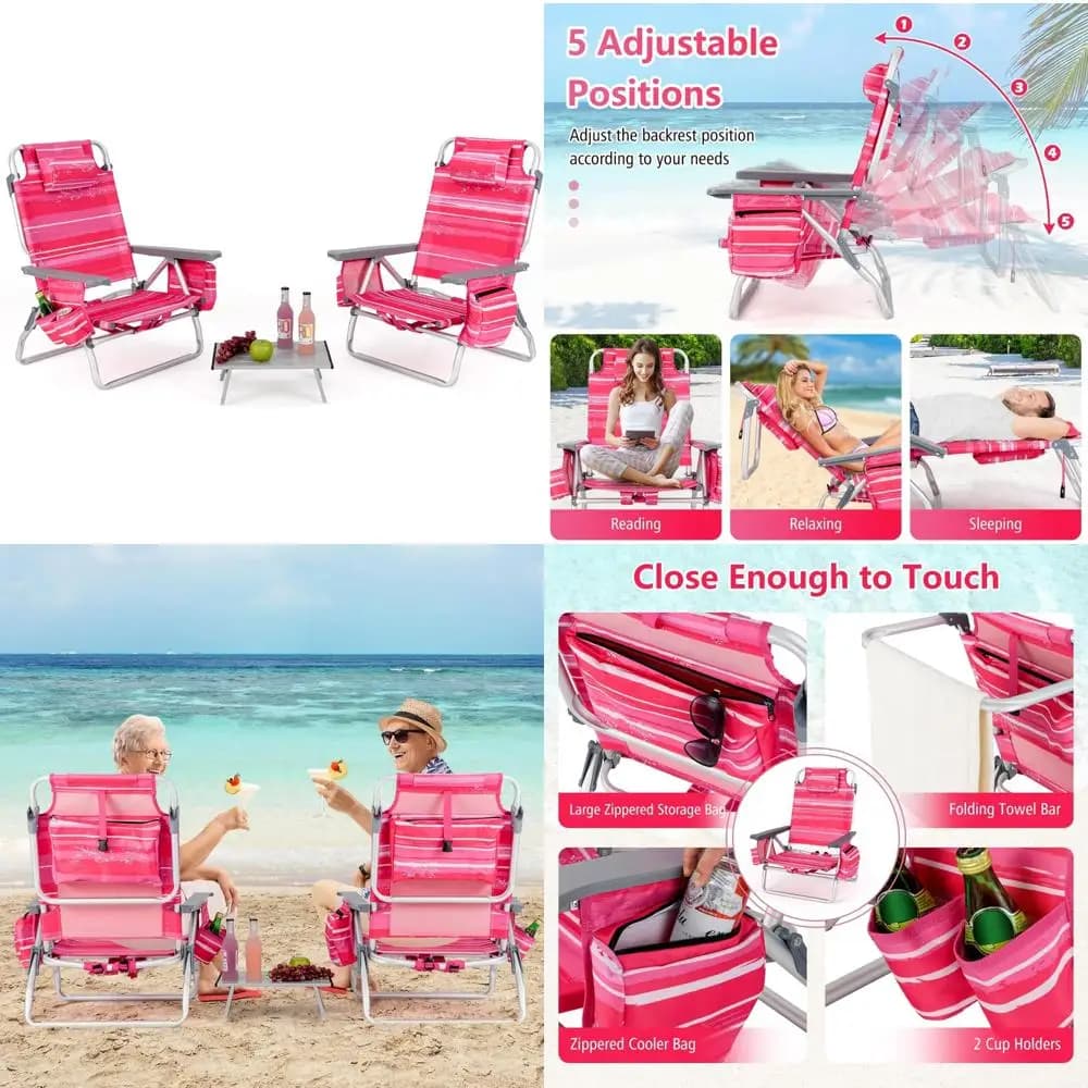 Sedia da patio pieghevole regolabile con cuscino per la testa, borsa portaoggetti, portasciugamani e portabicchieri per uso in spiaggia o all'aperto