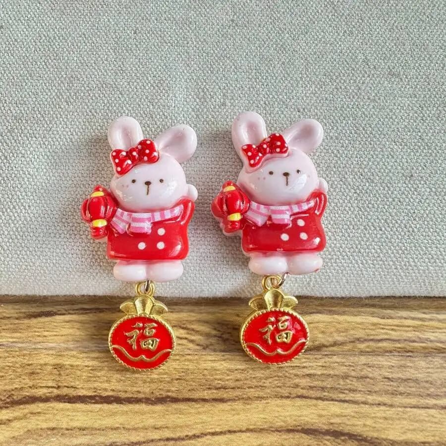 Red Bunny Stud Earrings With Bow And Fortune Charm Festive Casual Jewelry For Women
