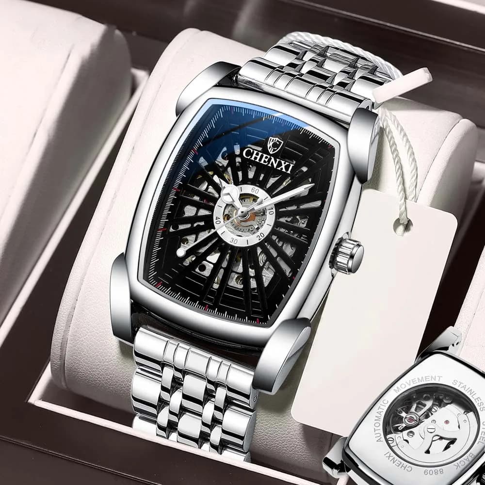Chenxi Automatic Mechanical Watch For Men Tonneau Shape Skeleton Dial Waterproof Barrel-shaped Wristwatch Relojes Para Hombres