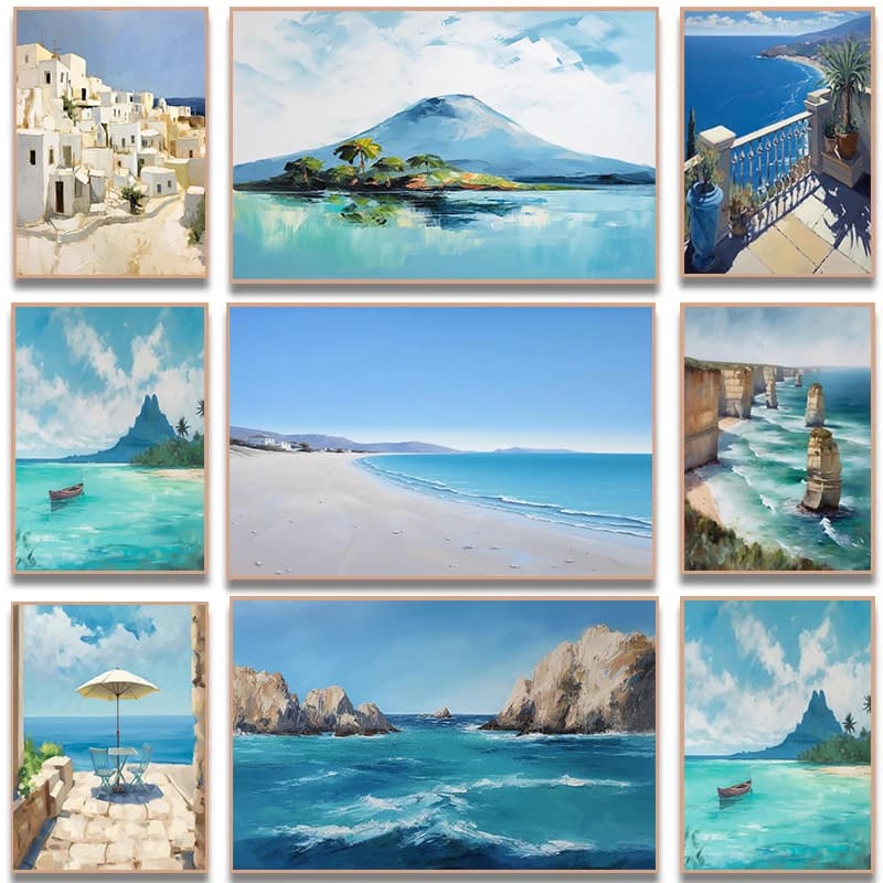 Poster Moderni con Paesaggio Tropicale, Cielo Blu, Mare, Spiaggia, Castello, Barca a Vela, Palme, Stampe Diamond Painting per Soggiorno e Decorazione Casa