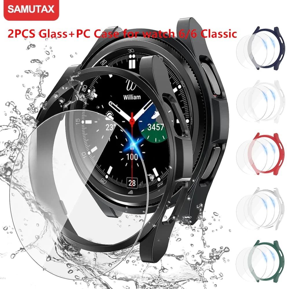 2 pezzi di vetro + custodia per Samsung Galaxy Watch 6 Classic 43mm 47mm copertura paraurti impermeabile per PC + protezione dello schermo Galaxy Watch6 40mm 44mm