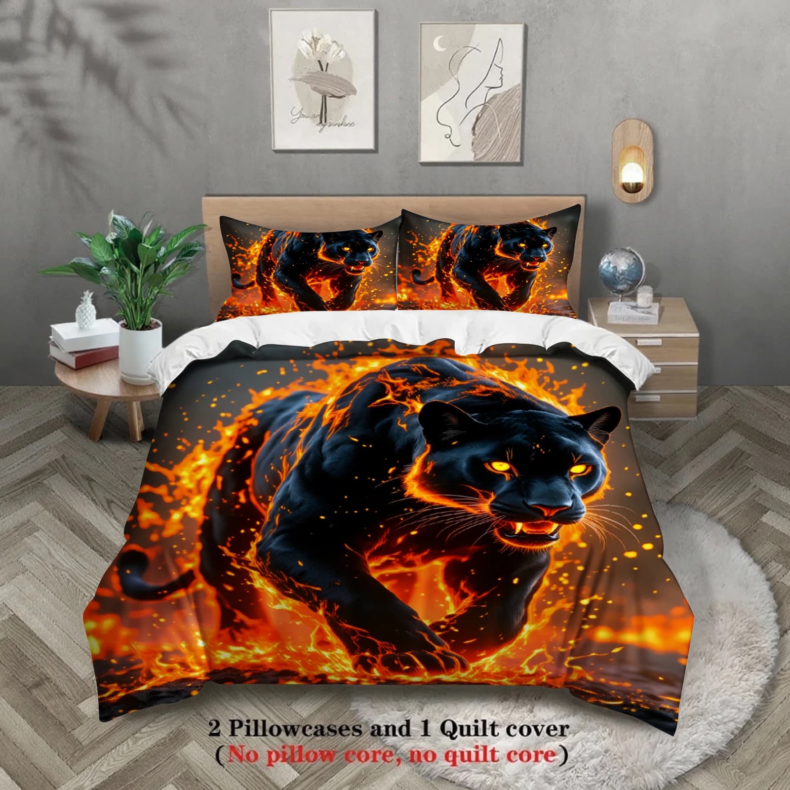 3pcs Panther Fire Bedding Sets 3D Printed Black Panther Anti-Slip Durable Duvet Cover Sets With Pillowcases No Filling