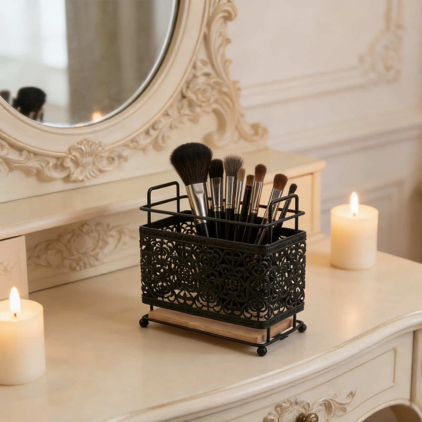 Vanity Brush Holder 6.5x6.1x3.2in Black Retro Iron Makeup Brush Organizer for Pencils Eyebrow Tools Drying Display Case