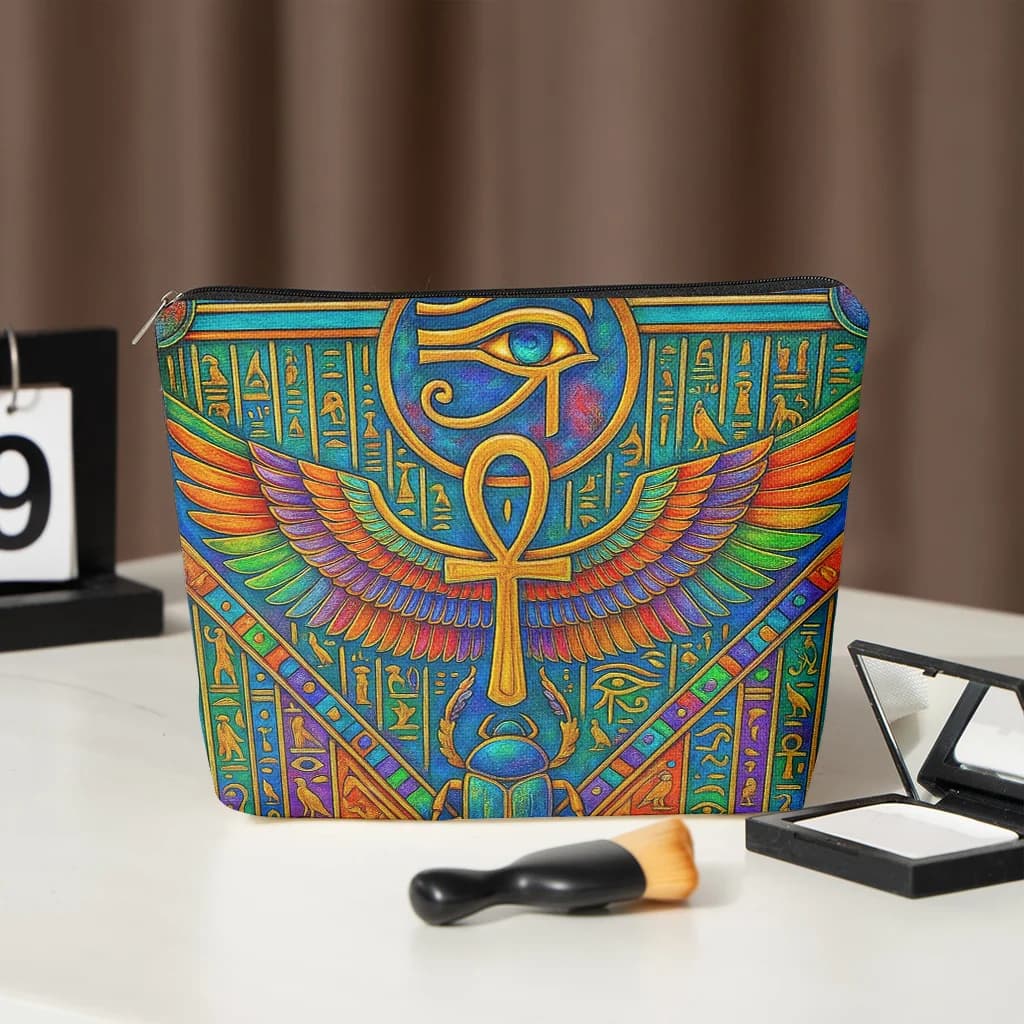 1 borsa per il trucco con simbolo iconico dell'antico Egitto - Pochette multifunzionale con cerniera per donna, perfetta borsa da viaggio con cerniera, divertente regalo di compleanno