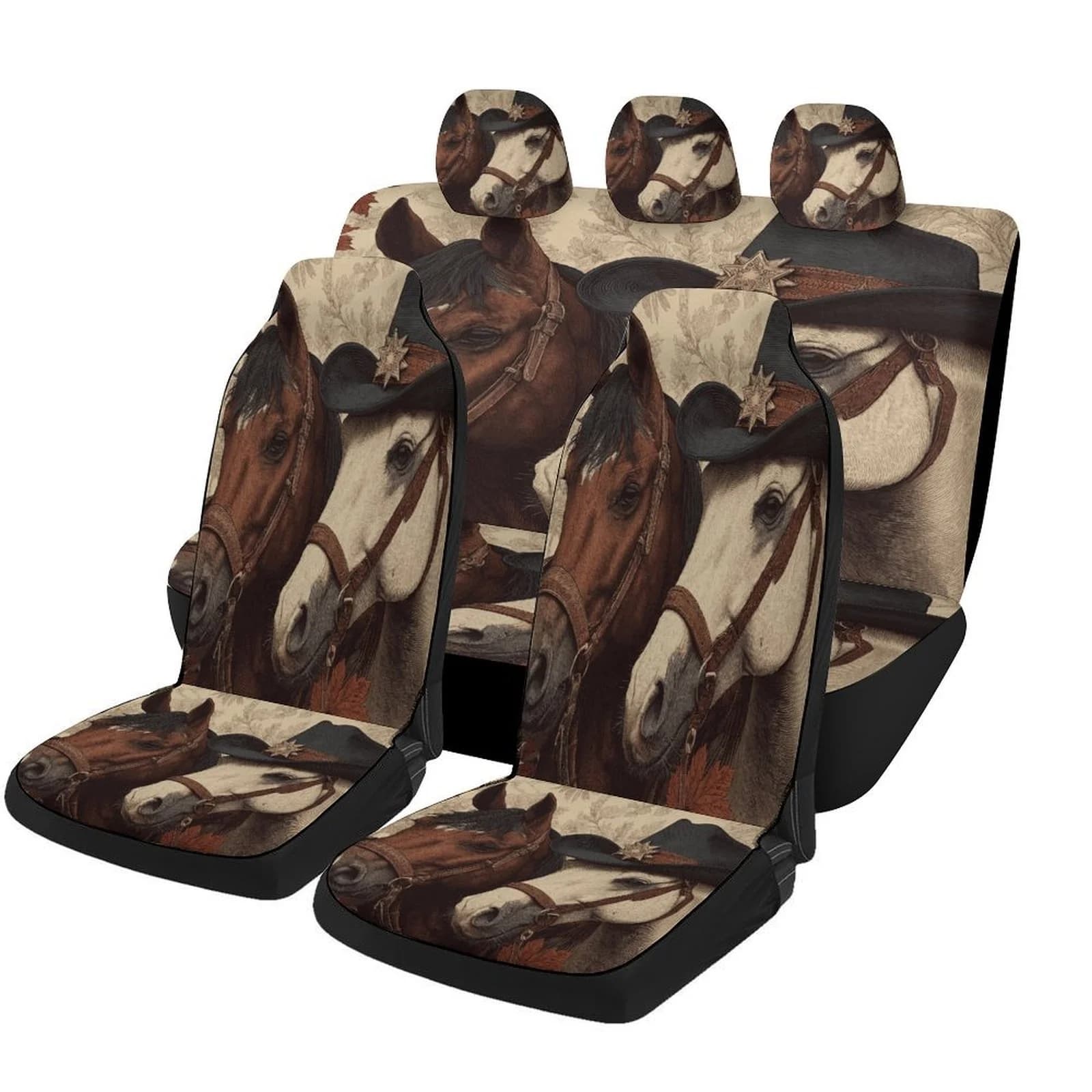 Car Seat Cover Set Featuring Horses Wearing Cowboy Hats, Suitable For A Variety Of Vehicles. Stylish And Unique, This Full Set I