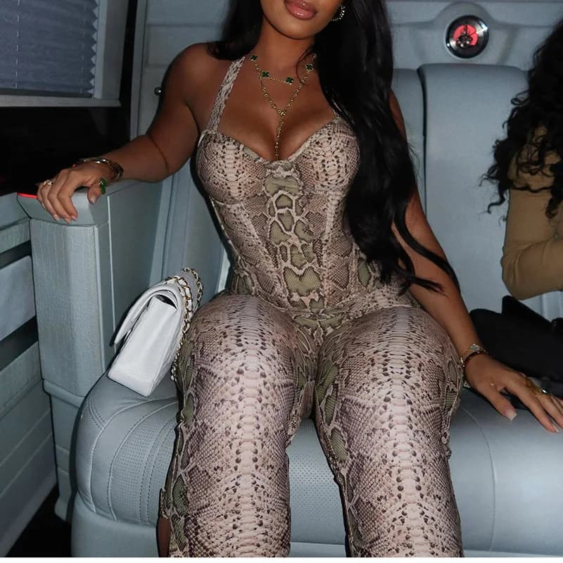 Serpentine Print Women Sexy 2 Piece Set Halter Backless Tank Crop Tops + Split Skinny Capris Pants Clubwear Suits Streetwear