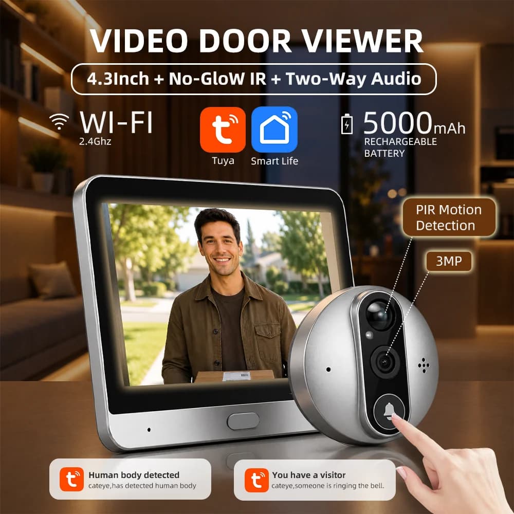 3MP Smart Life Tuya 1080P WiFi Doorbell Spioncino Camera 5000mAh Battery Motion detector PIR IR Alexa Google Home Digital viewer