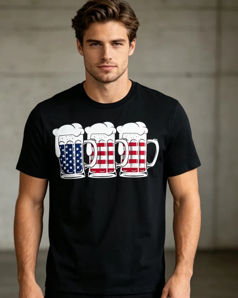 T-shirt Unisex da Uomo con Bandiera Americana e Design a Boccale di Birra, Rosso Bianco Blu, per Feste del 4 Luglio, Festival Estivi, BBQ e Eventi