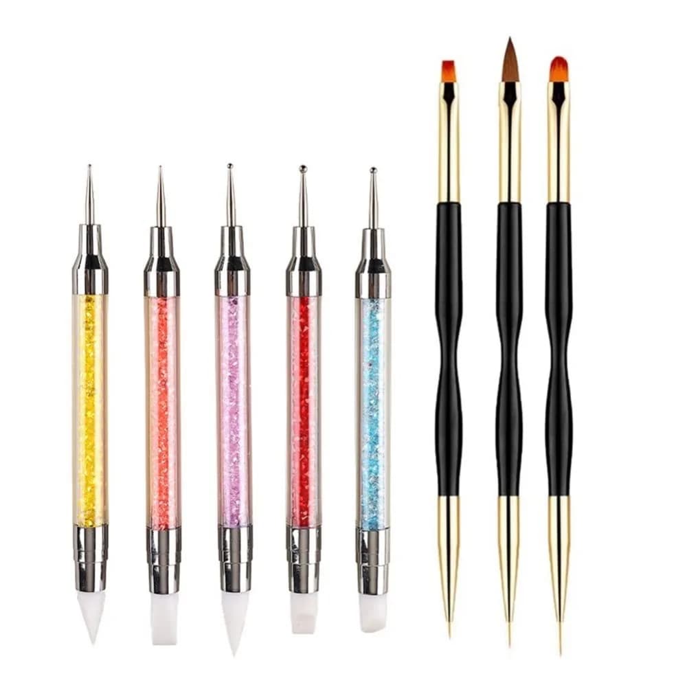 5PCS Dual-Ended Nail Art Sculpture Pens with 3PCS Painting Brushes and Silicone Polish Brushes, Stainless Steel Carving Tools